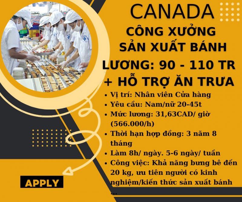 TUYỂN NHÂN VIÊN XƯỞNG SẢN XUẤT BÁNH LÀM VIỆC TẠI CANADA